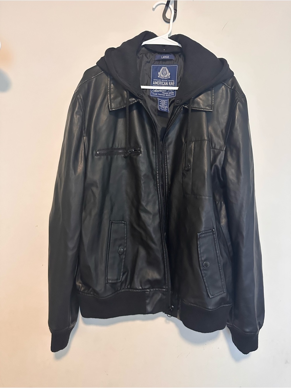 American Rag Black Faux Leather Hooded Bomber Jacket - Picture 3 of 5